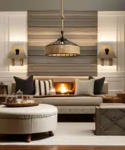 Dans un salon cosy, un canapé beige orné de coussins noirs et blancs est placé devant une cheminée allumée. Deux appliques encadrent la cheminée, et au-dessus est suspendu le Lustre vintage rustique CORDA Noir beige, à l'allure unique. En dessous se trouve un pouf rond posé sur un tapis à motifs.