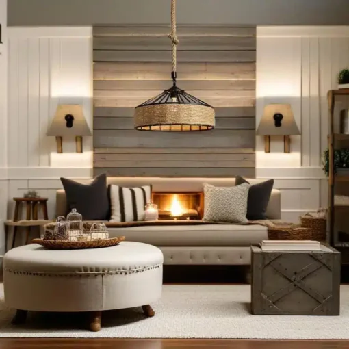Dans un salon cosy, un canapé beige orné de coussins noirs et blancs est placé devant une cheminée allumée. Deux appliques encadrent la cheminée, et au-dessus est suspendu le Lustre vintage rustique CORDA Noir beige, à l'allure unique. En dessous se trouve un pouf rond posé sur un tapis à motifs.