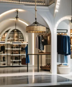 L'intérieur d'une boutique de vêtements contemporaine met en valeur ses portes cintrées et son éclairage élégant, avec des présentoirs modernes qui présentent des vêtements soigneusement disposés. Au centre, la lampe suspendue Lustre vintage rustique CORDA Noir beige diam.30cm E27 ajoute une touche d'éclat, tandis que la décoration élégante apporte une touche de charme vintage.