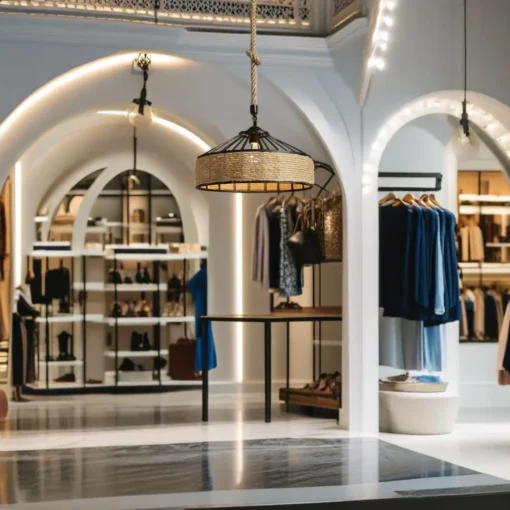 L'intérieur d'une boutique de vêtements contemporaine met en valeur ses portes cintrées et son éclairage élégant, avec des présentoirs modernes qui présentent des vêtements soigneusement disposés. Au centre, la lampe suspendue Lustre vintage rustique CORDA Noir beige diam.30cm E27 ajoute une touche d'éclat, tandis que la décoration élégante apporte une touche de charme vintage.