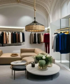 Une boutique de vêtements élégante avec une touche vintage, avec un canapé beige incurvé, des tables basses rondes et des compositions florales. Les murs sont tapissés de portants de vêtements soigneusement disposés, éclairés par un éclairage moderne. Un élégant plafonnier Lustre Vintage Rustique CORDA Noir Beige ajoute du charme au décor.
