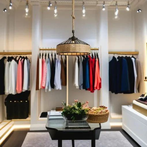 Une boutique de vêtements chic est dotée d'une table centrale en bois décorée de plantes. Une variété de vêtements colorés, tels que des vestes, des chemises et des robes, sont élégamment exposés sur des portants dorés étincelants le long des murs. Des spots de plafond vintage de la gamme Lustre vintage rustique CORDA Noir beige (diam. 30cm E27) illuminent chaleureusement la scène.
