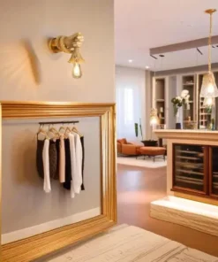 Un intérieur élégant comprend un portemanteau unique en forme de main dorée sur lequel sont accrochés des vêtements, un tapis décoratif et un éclairage élégant. En arrière-plan, des meubles modernes complètent des étagères ornées d'objets décoratifs. La lueur chaleureuse de la Lampe Murale Vintage Style Robot avec Corde de Chanvre E27 rend l'espace accueillant et chaleureux.