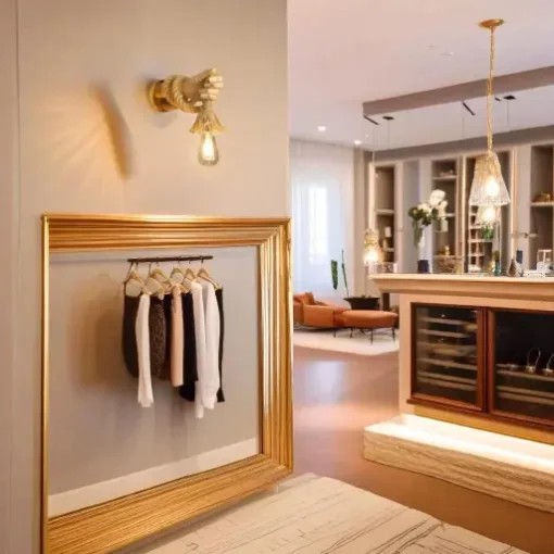 Un intérieur élégant comprend un portemanteau unique en forme de main dorée sur lequel sont accrochés des vêtements, un tapis décoratif et un éclairage élégant. En arrière-plan, des meubles modernes complètent des étagères ornées d'objets décoratifs. La lueur chaleureuse de la Lampe Murale Vintage Style Robot avec Corde de Chanvre E27 rend l'espace accueillant et chaleureux.