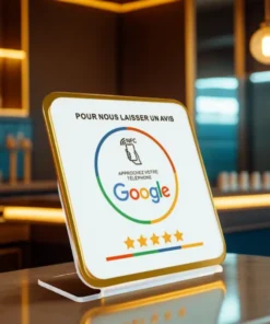 Cette image montre une plaque d'avis NFC Google moderne Le texte "POUR NOUS LAISSER UN AVIS" est"APPROCHEZ VOTRE TÉLÉPHONE" Outil marketing pour avis clients
