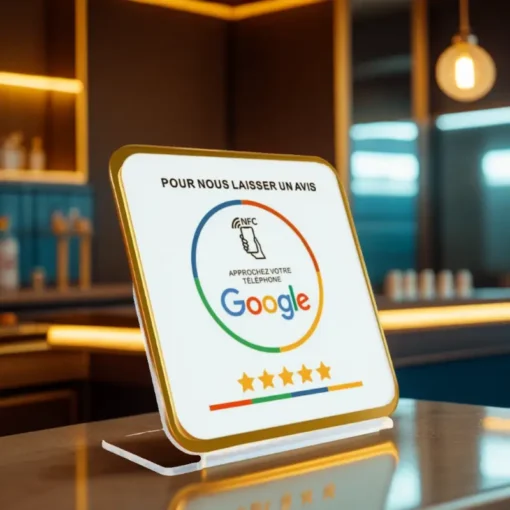Cette image montre une plaque d'avis NFC Google moderne Le texte "POUR NOUS LAISSER UN AVIS" est"APPROCHEZ VOTRE TÉLÉPHONE" Outil marketing pour avis clients