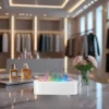 Une pièce moderne présente des portants à vêtements et des flacons de parfum soigneusement disposés sur une surface réfléchissante. Au premier plan, un appareil élégant émet des motifs colorés semblables à de la vapeur. Des fleurs roses dans un vase ajoutent une touche délégance.