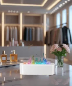 Une pièce moderne présente des portants à vêtements et des flacons de parfum soigneusement disposés sur une surface réfléchissante. Au premier plan, un appareil élégant émet des motifs colorés semblables à de la vapeur. Des fleurs roses dans un vase ajoutent une touche délégance.