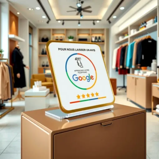 Cette image montre une plaque d'avis NFC Google moderne Le texte "POUR NOUS LAISSER UN AVIS" dans un magasin de vêtement est"APPROCHEZ VOTRE TÉLÉPHONE" Outil marketing pour avis clients pour les commerces