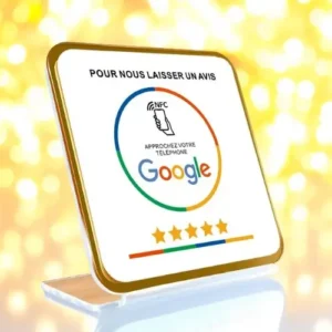 Cette image montre une plaque d'avis NFC Google moderne Le texte "POUR NOUS LAISSER UN AVIS" est"APPROCHEZ VOTRE TÉLÉPHONE" Outil marketing pour avis clients dans les magasins