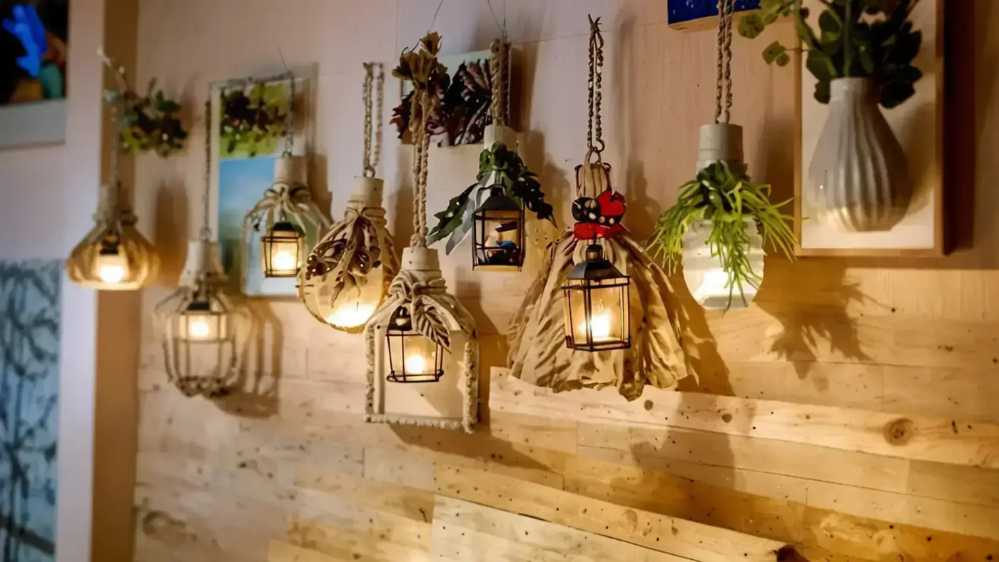 Un mur en bois décoré de lanternes suspendues, de petites plantes et d'œuvres d'art encadrées, dont beaucoup proviennent d'un magasin de fournitures. Certaines lanternes sont enveloppées dans du tissu ou de la corde, créant ainsi une atmosphère confortable et rustique, éclairée par la lumière chaude des bougies.