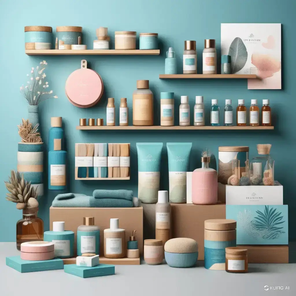 Concept store 2 Un étalage de produits de soin et de beauté aux couleurs bleu pastel, rose et beige, disposés proprement sur des étagères et des boîtes de fourniture de magasin professionnel, avec des plantes séchées en guise de décoration sur un fond sarcelle.