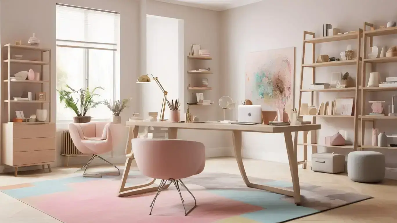 Un bureau à domicile moderne avec des meubles en bois clair, un grand bureau avec un ordinateur portable, des chaises aux couleurs pastel, des étagères ouvertes présentant des fournitures, du papier et de la décoration, des plantes en pot et des œuvres d'art murales abstraites dans des tons doux et neutres avec de la lumière naturelle.