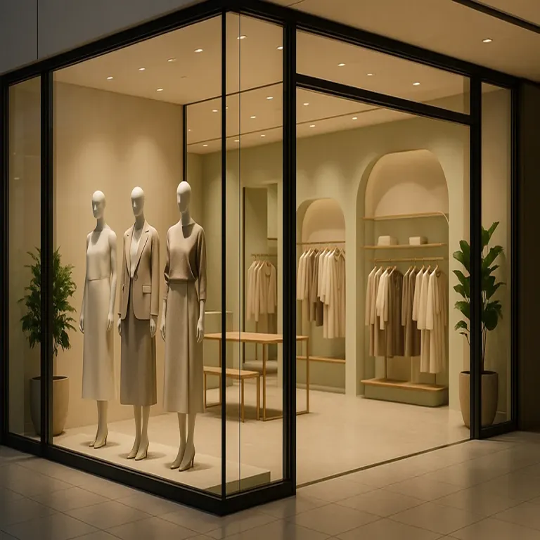 Un magasin de vêtements moderne avec de grandes vitres et un éclairage de magasin élégant présente trois mannequins dans des tenues aux tons neutres. À l'intérieur, des vêtements bien rangés sont suspendus à des étagères, et des plantes vertes ajoutent une touche de décor à l'espace minimaliste.