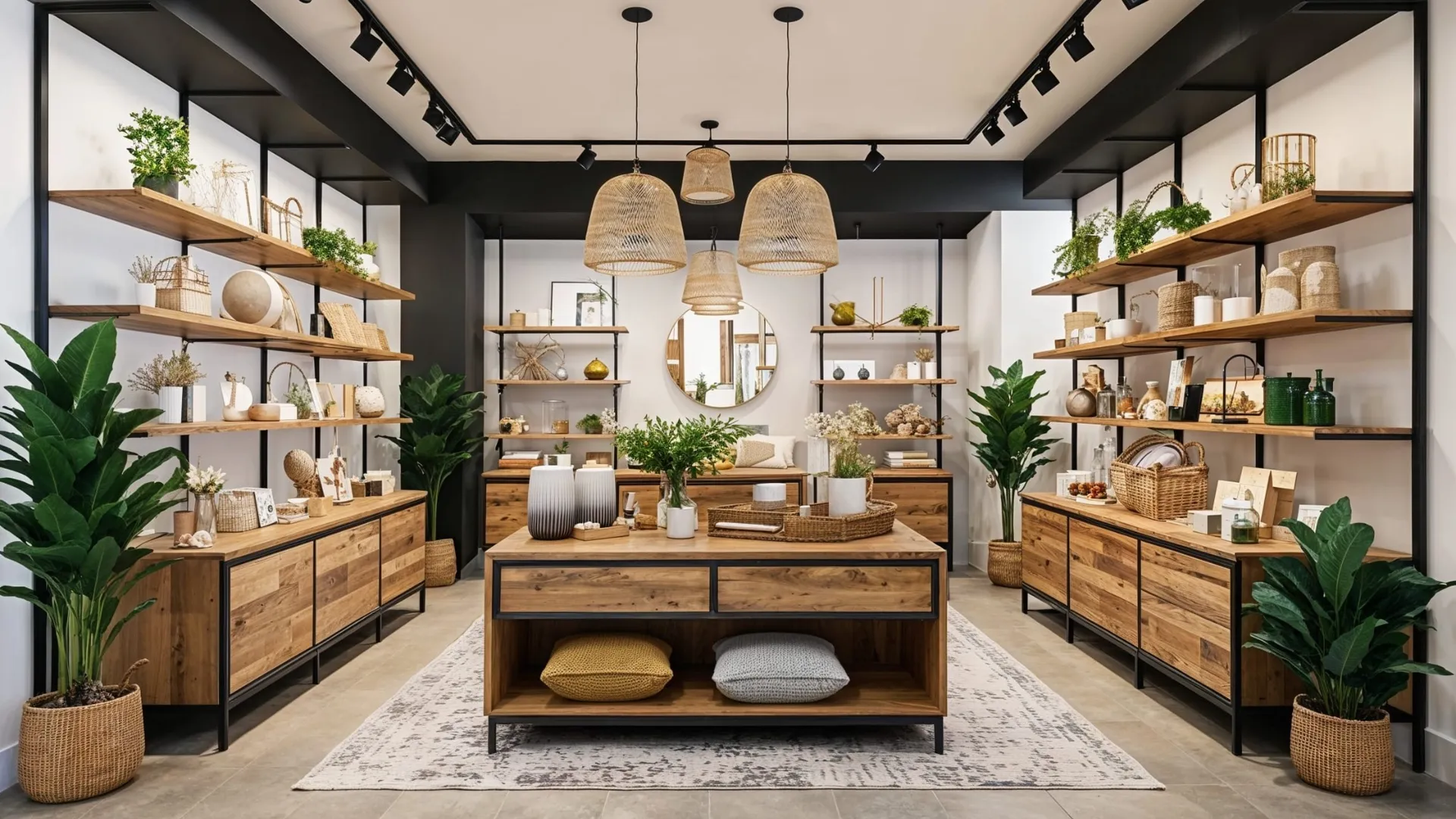 Un magasin moderne de décoration intérieure présente agencement sur mesure pour magasin des étagères et des armoires en bois, où sont exposés des plantes, des vases, des paniers et des objets décoratifs. Des lampes suspendues sont accrochées au-dessus, et un miroir rond orne le mur du fond, au-dessus d'un buffet.