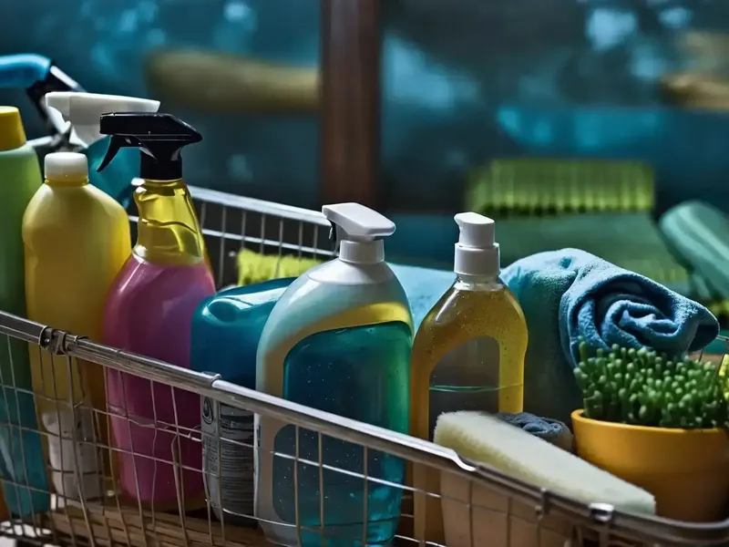 Un panier métallique rempli de divers produits de nettoyage, y compris des flacons pulvérisateurs, produit entretien pour magasin, des éponges, une brosse à récurer et des serviettes soigneusement pliées - idéal pour une utilisation dans un hôtel. L'arrière-plan est légèrement flou.