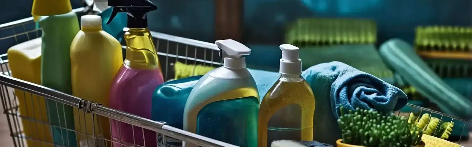 Un panier en métal rempli de divers produits de nettoyage, y compris des flacons pulvérisateurs, des récipients de liquide, des serviettes et des brosses, placés sur une surface à l'arrière-plan flou.