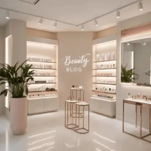 Intérieur d'un salon de beauté moderne avec des étagères élégantes pour les soins de la peau et le maquillage, un grand miroir, une plante en pot et une enseigne en néon Beauty Blog. L'espace minimaliste présente un agencement de salon de beauté expert dans un cadre lumineux et accueillant.