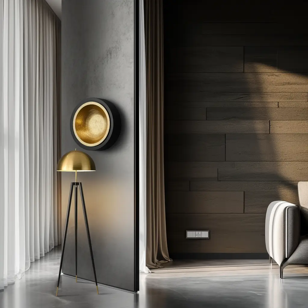 Lampadaire Vintage Harmonie doré 8 Un espace de vie moderne au décor épuré présente la lampe Lampadaire Vintage Harmonie doré, une œuvre d'art murale ronde et dorée, des murs gris, des accents de mobilier de magasin près d'un canapé, des panneaux de bois foncé et des rideaux allant du sol au plafond.