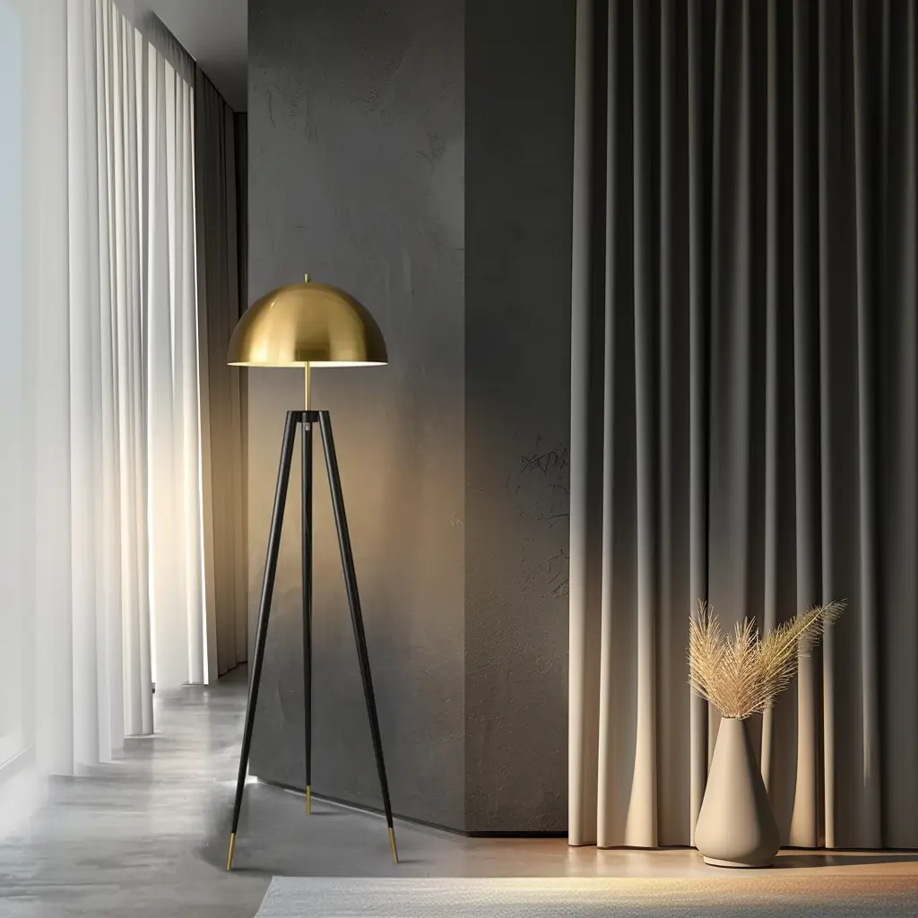 Lampadaire Vintage Harmonie doré 5 Un espace moderne présente le Lampadaire Vintage Harmonie doré, un lampadaire dôme doré avec des pieds tripodes, à côté d'un mur gris foncé, de rideaux superposés et d'un vase blanc d'herbes séchées - une inspiration idéale pour les présentoirs des magasins d'accessoires.