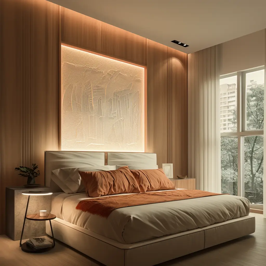 Une chambre à coucher moderne avec un grand lit, une literie neutre, des accents rouille, un art mural texturé, des murs en bois, des fenêtres allant du sol au plafond et une table d'appoint avec une lampe et la Tablette Led et charge induction Telephone 'Alrina'.