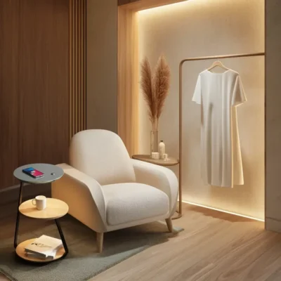 Un coin lecture confortable avec un fauteuil blanc, une petite table d'appoint pour une tasse et un livre, un décor minimaliste avec une robe blanche suspendue et de l'herbe de la pampa, doucement éclairé par la Tablette Led et charge induction Telephone 'Alrina'.