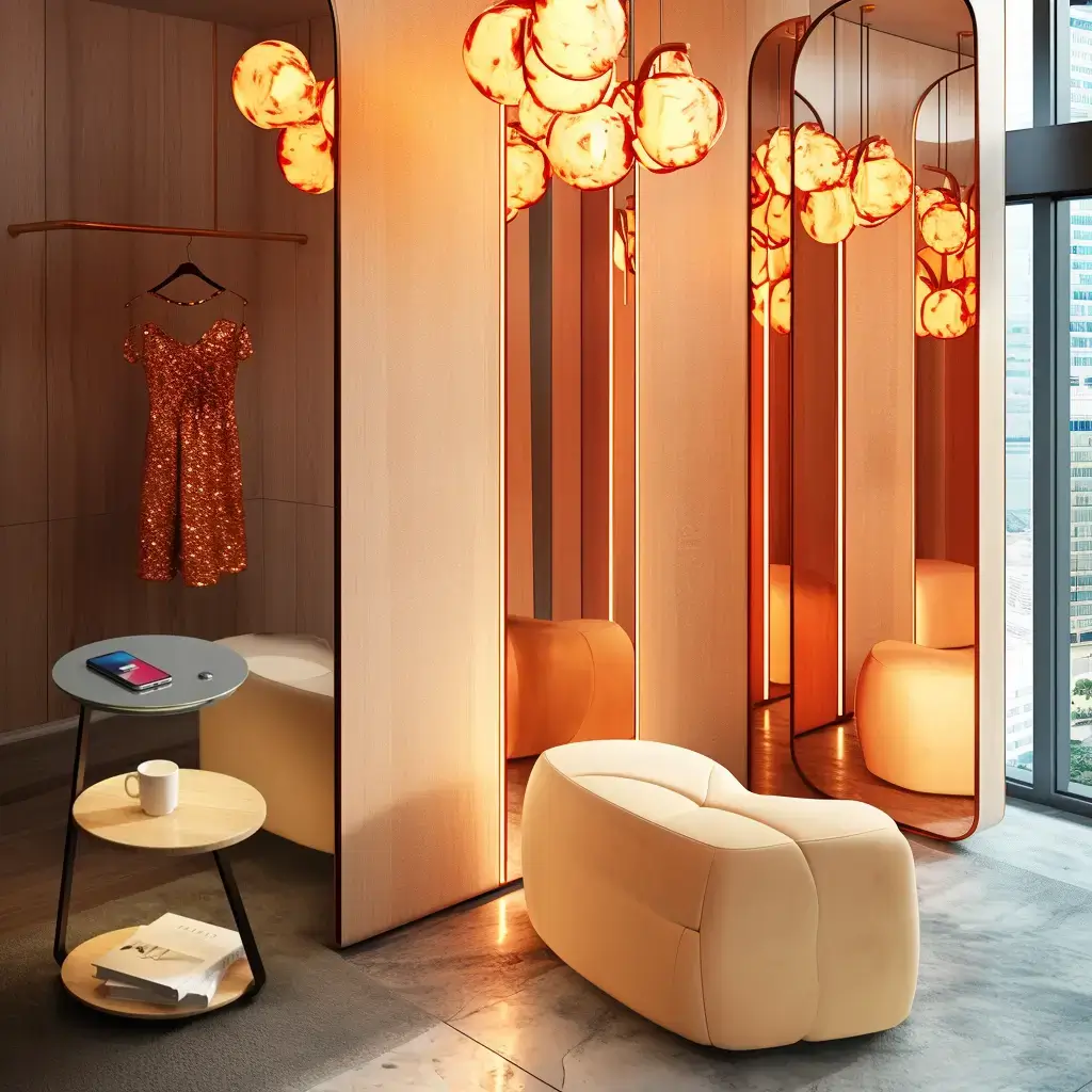Une cabine d'essayage moderne avec un éclairage doux, des plafonniers ronds lumineux, la Tablette Led et charge induction Telephone 'Alrina', des miroirs, des sièges beiges, une robe scintillante exposée et une petite table près d'une grande fenêtre.
