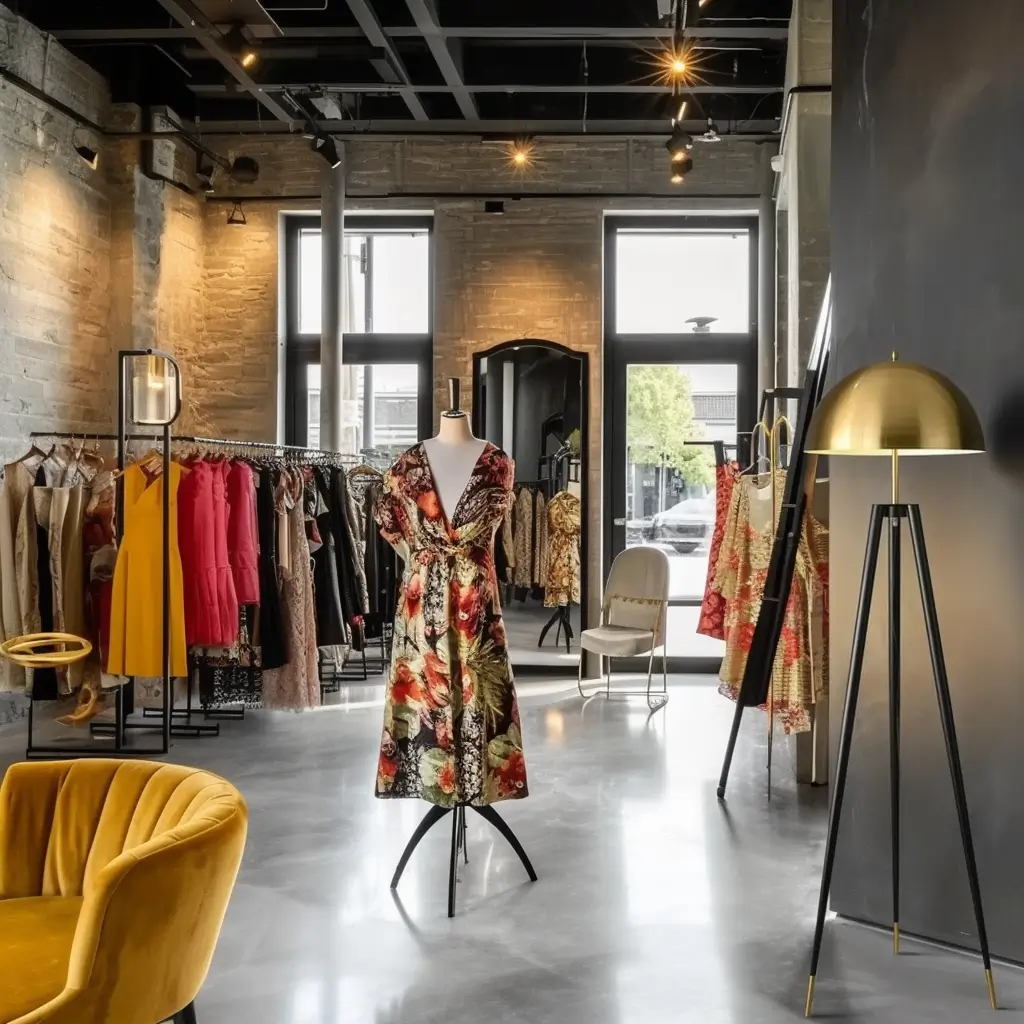 Lampadaire Vintage Harmonie doré 4 Une boutique moderne avec des murs en béton et de grandes fenêtres présente un agencement magasin expert - une robe florale sur un mannequin, des étagères de vêtements élégantes, le Lampadaire Vintage Harmonie doré, et une chaise jaune moutarde pour un intérieur chic.