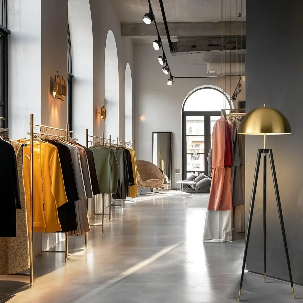 Lampadaire Vintage Harmonie doré 3 Une boutique moderne avec de hautes fenêtres cintrées, un décor minimaliste, un élégant agencement magasin, des portants dorés présentant des vêtements colorés, un lampadaire Vintage Harmonie doré, et un coin salon avec un grand miroir à l'arrière.