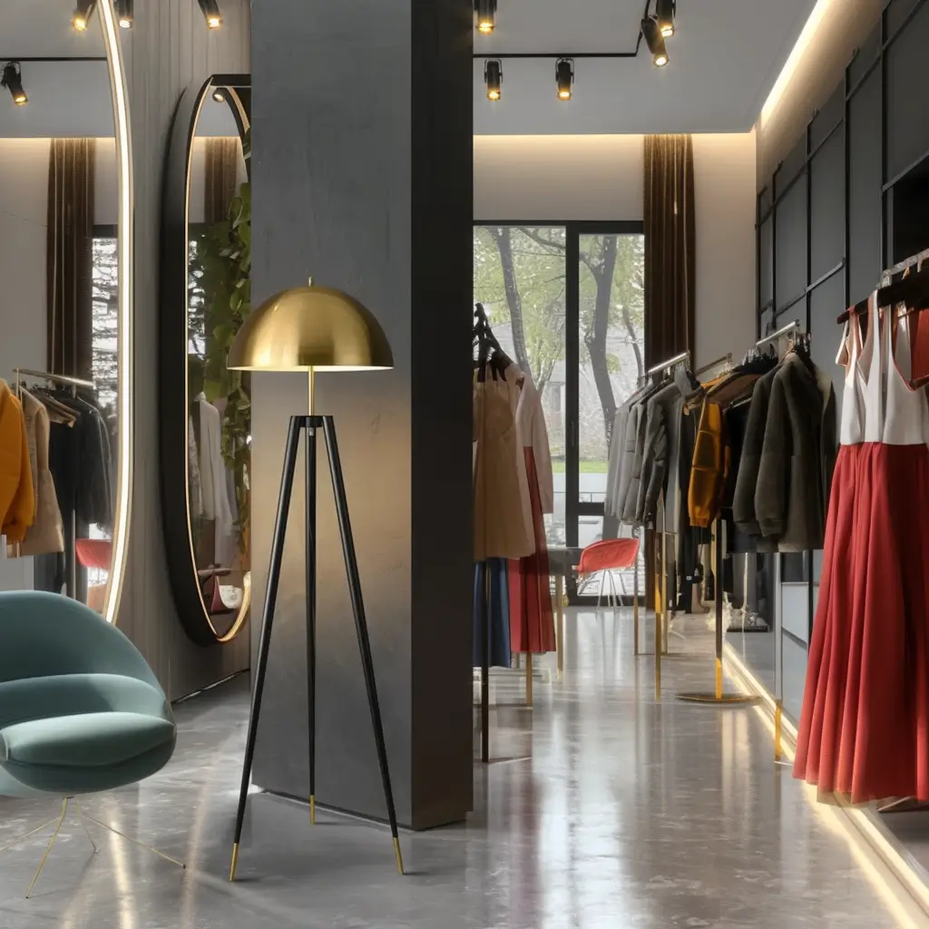 Lampadaire Vintage Harmonie doré 2 Une boutique moderne avec des porte-vêtements élégants, des meubles chics, un grand miroir ovale, le Lampadaire Vintage Harmonie doré, une chaise sarcelle et de grandes fenêtres. Les robes et les manteaux sont soigneusement suspendus dans cet espace lumineux et élégant.
