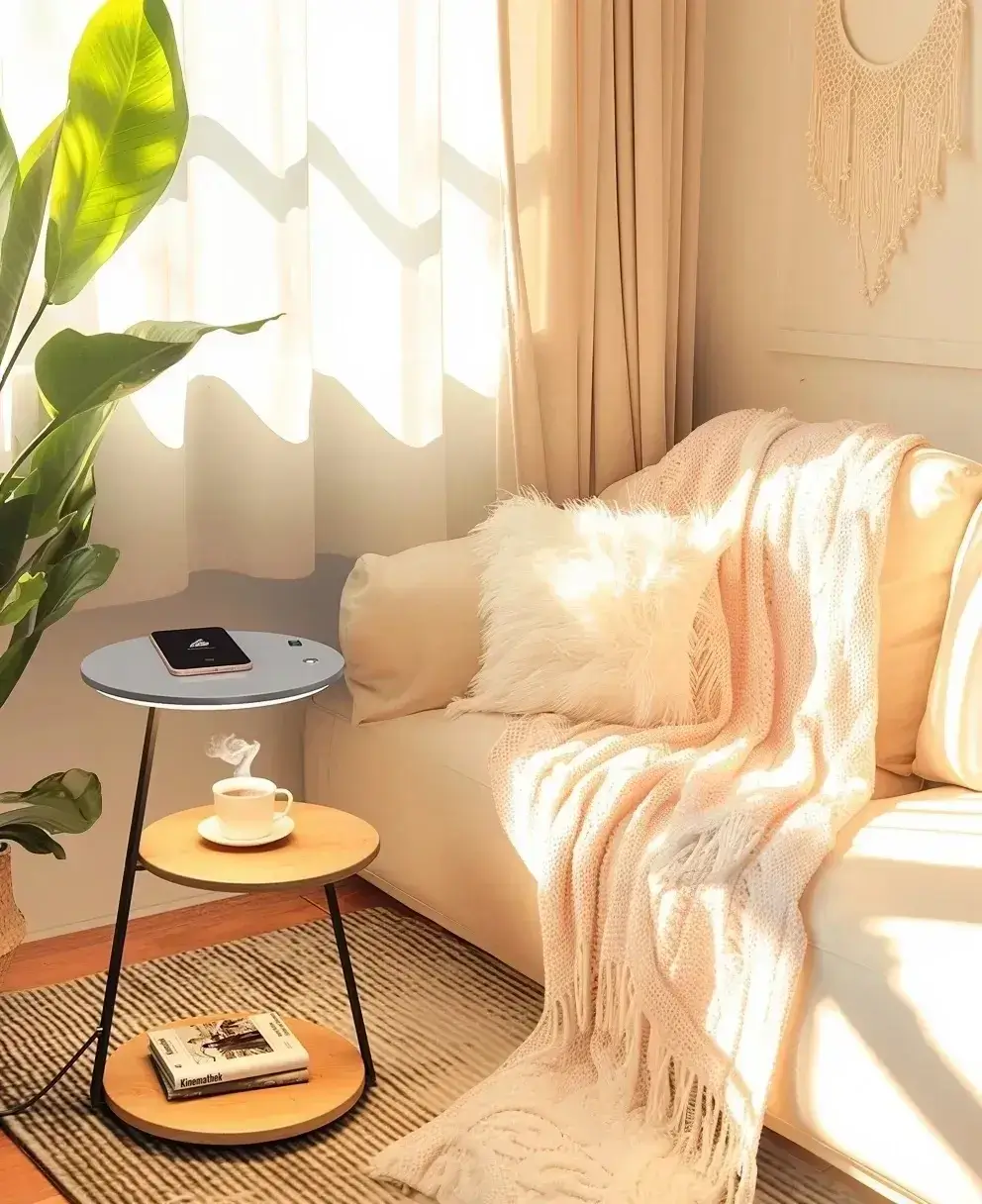 Un coin de salon confortable et ensoleillé avec un canapé beige, un coussin blanc et un jeté en tricot. Une table d'appoint ronde accueille une tasse à café, un livre et la Tablette Led et charge induction Telephone 'Alrina', qui émet une douce lueur. Une plante et une suspension murale complètent la scène.