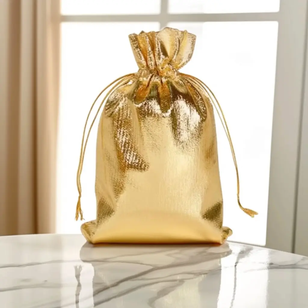 Le Sachet Doré en Satin Luxe - Fournitures pour Commerçants, une élégante pochette à cordon doré, repose sur une surface en marbre éclairée par une douce lumière naturelle à travers des rideaux beiges - un exemple parfait d'emballage sur mesure.