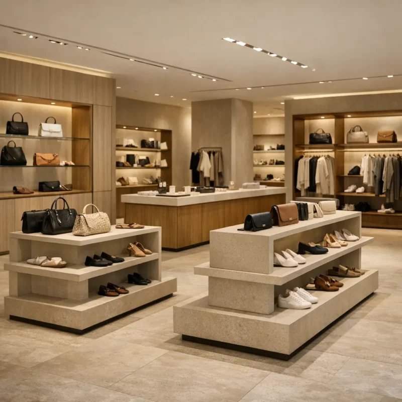 Mobilier magasin professionnel : gondoles, comptoirs et présentoirs dans une boutique moderne