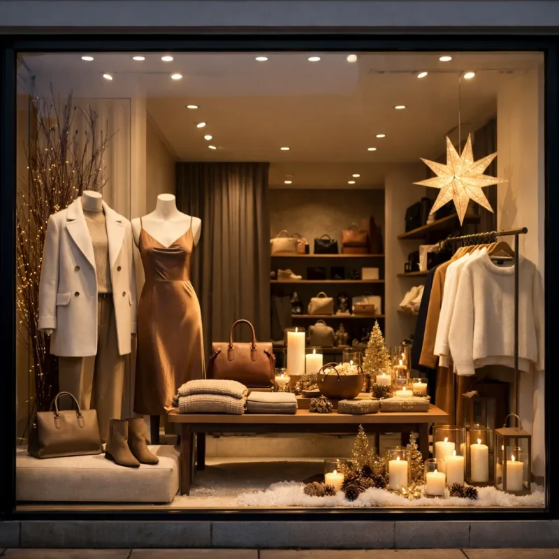 Vitrine magasin aménagée avec éclairage et mise en scène saisonnière