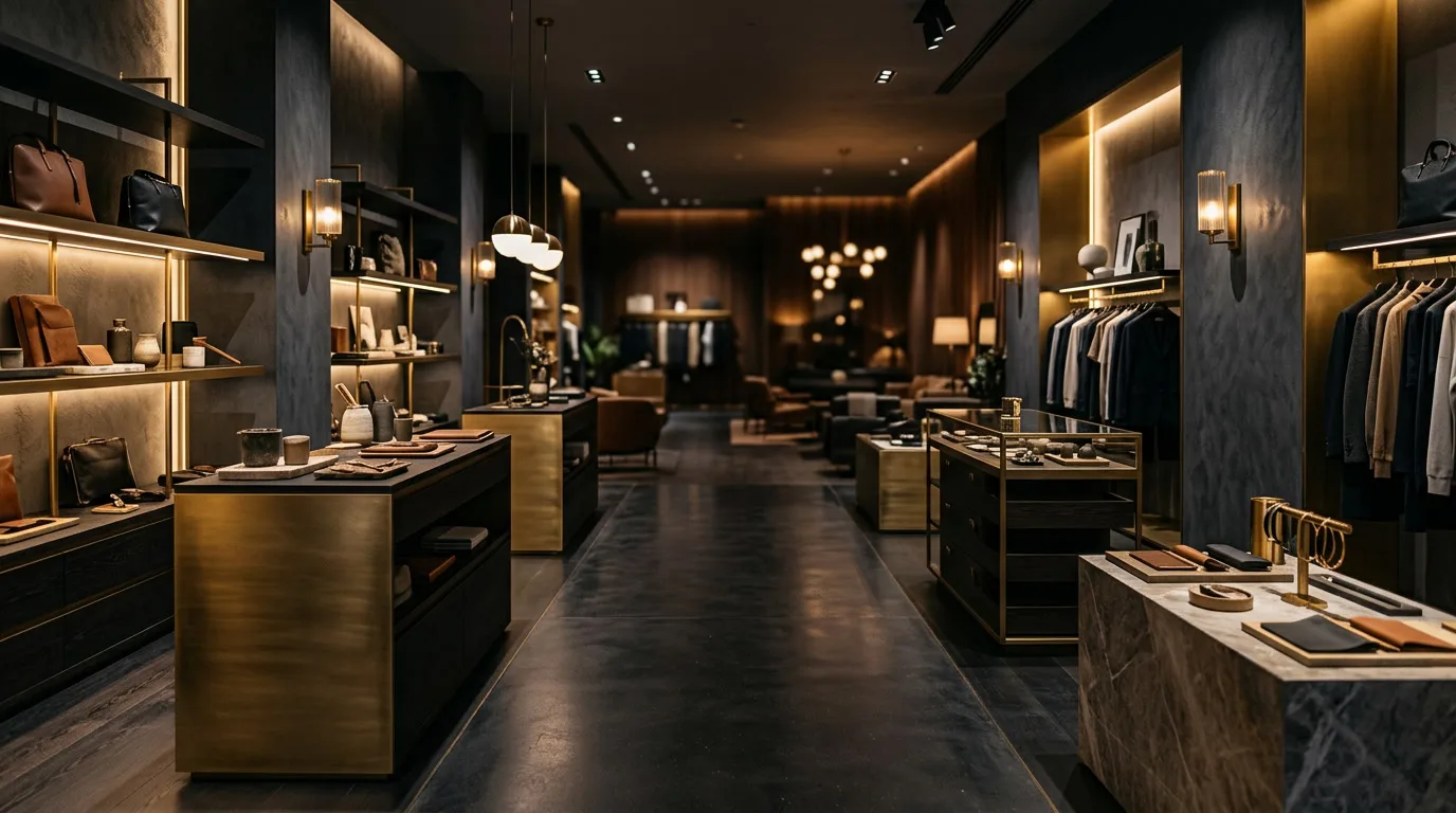 Boutique concept store premium – mobilier et agencement haut de gamme, éclairage doré sur fond charcoal